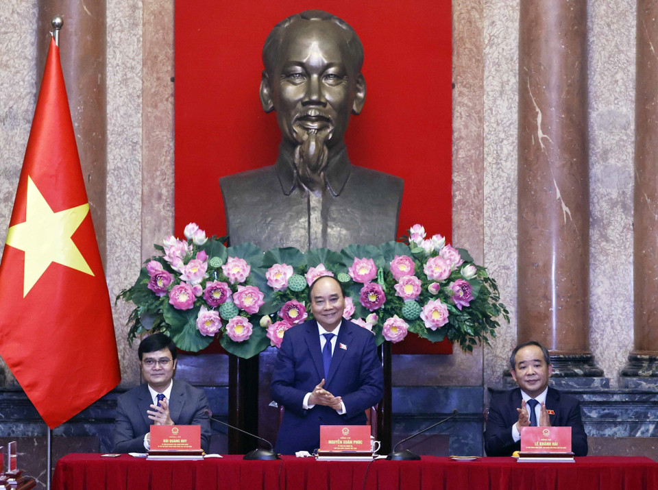 Chủ tịch nước Nguyễn Xuân Phúc phát biểu tại buổi gặp mặt. (Ảnh: Thống Nhất/TTXVN)