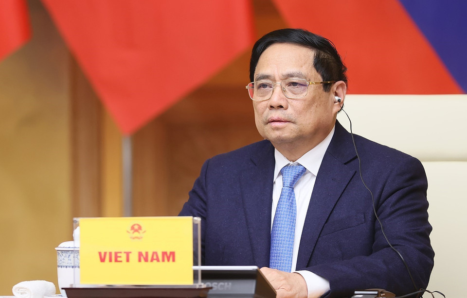 Thủ tướng Phạm Minh Chính phát biểu tại Hội nghị Cấp cao Hợp tác Mekong-Lan Thương lần thứ 4. (Ảnh: Dương Giang/TTXVN)