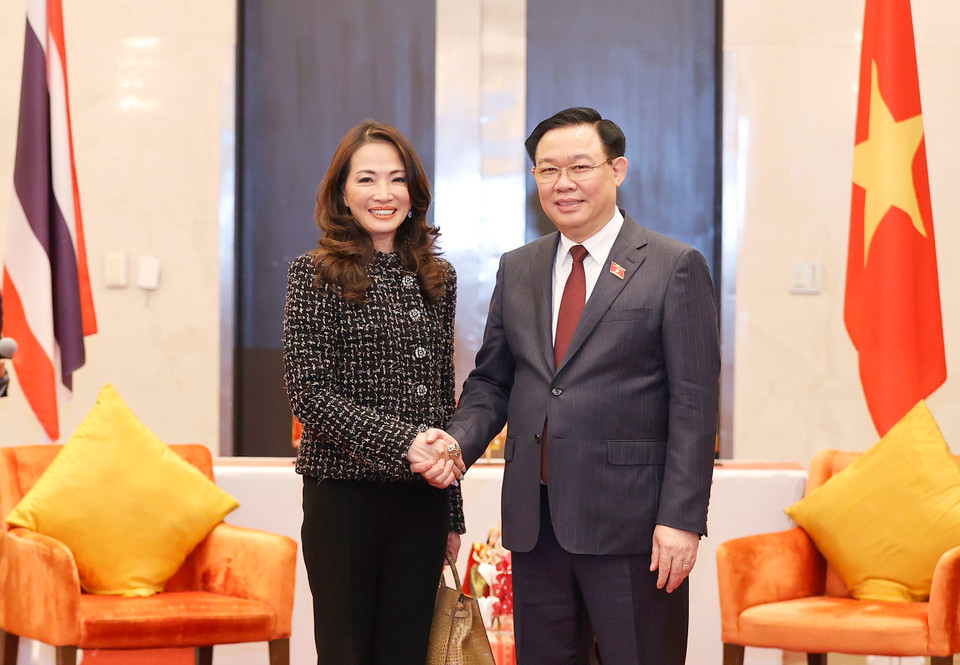 Chủ tịch Quốc hội Vương Đình Huệ tiếp bà Jareeporn Jarukornsakul, Chủ tịch Hội đồng Quản trị kiêm Tổng Giám đốc Tập đoàn WHA. (Ảnh: Doãn Tấn/TTXVN)