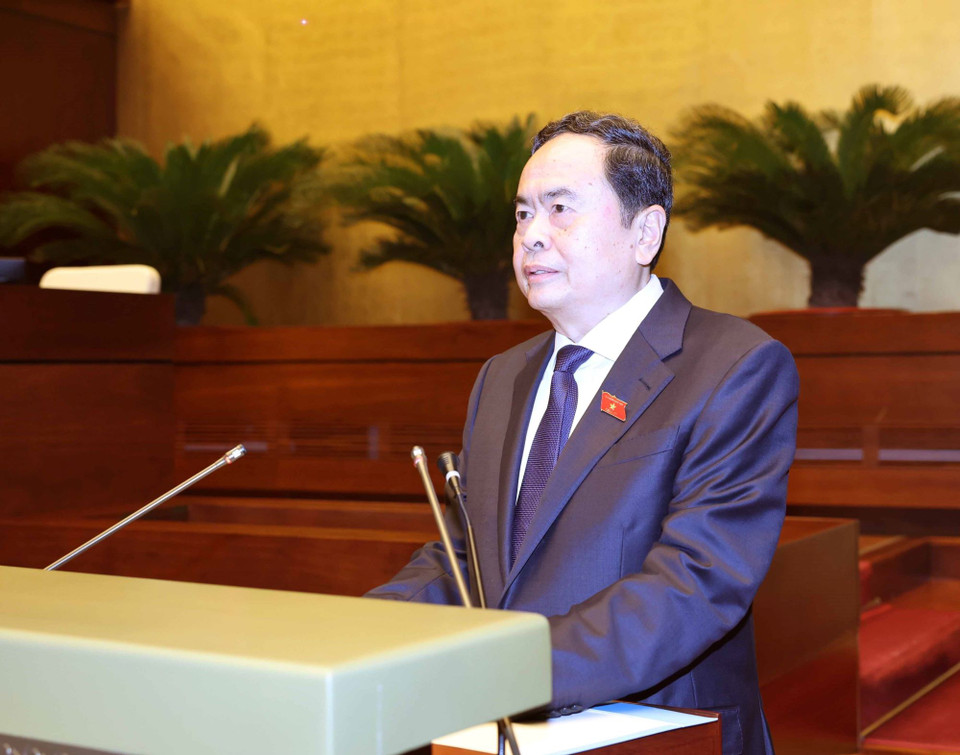 Chủ tịch Quốc hội Trần Thanh Mẫn phát biểu tại Phiên họp giả định "Quốc hội trẻ em" lần thứ hai. (Ảnh: Thống Nhất/TTXVN)