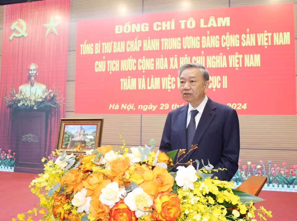 Tổng Bí thư, Chủ tịch nước Tô Lâm phát biểu chỉ đạo tại buổi làm việc với Tổng cục II, Bộ Quốc phòng. (Ảnh: Trí Dũng/TTXVN)