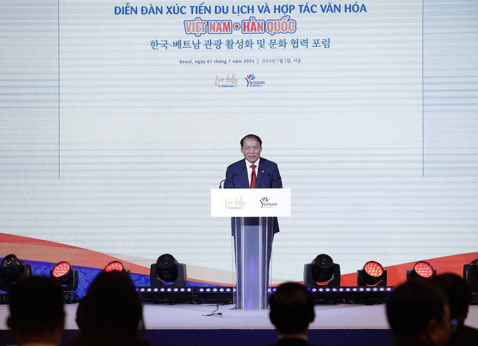 Bộ trưởng Bộ Văn hoá, Thể thao và Du lịch Nguyễn Văn Hùng phát biểu. (Ảnh: Dương Giang/TTXVN)