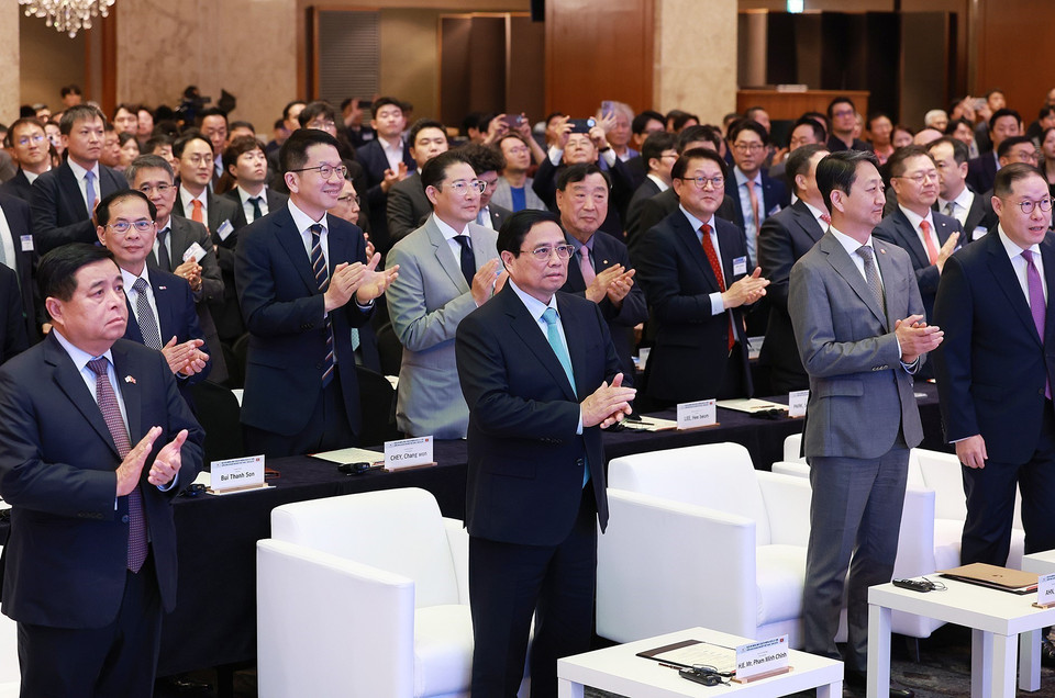 Thủ tướng Phạm Minh Chính dự Diễn đàn Doanh nghiệp Việt Nam-Hàn Quốc. (Ảnh: Dương Giang/TTXVN)