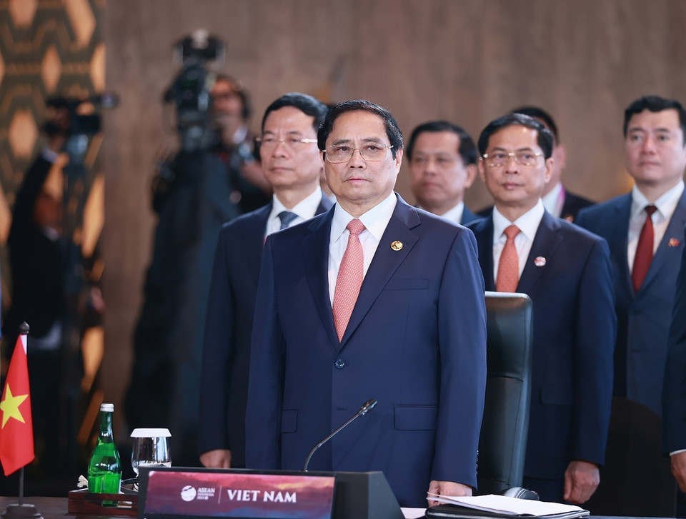 Thủ tướng Phạm Minh Chính và Trưởng đoàn các nước ASEAN tham dự Lễ khai mạc và Phiên toàn thể Hội nghị Cấp cao Hiệp hội các quốc gia Đông Nam Á lần thứ 42. (Ảnh: Dương Giang/TTXVN)