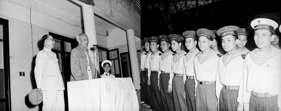 Với tầm nhìn chiến lược, Chủ tịch Hồ Chí Minh rất quan tâm đến vấn đề biển, đảo và lực lượng Hải quân. Những lời dạy bảo ân cần, sâu sắc của Người đã trở thành nhiệm vụ, phương châm xây dựng Hải quân nhân dân Việt Nam ngày càng lớn mạnh. Trong ảnh: Chủ tịch Hồ Chí Minh đến thăm và nói chuyện với bộ đội hải quân (1965). (Ảnh: TTXVN)