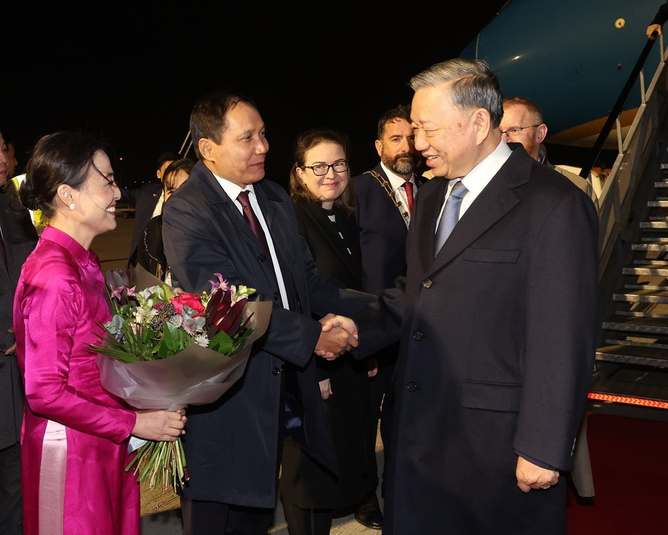 Đại sứ Việt Nam tại Ireland Đỗ Minh Hùng đón Tổng Bí thư, Chủ tịch nước Tô Lâm tại sân bay Dublin. (Ảnh: Trí Dũng/TTXVN)