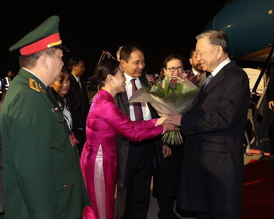 Cán bộ, nhân viên Đại sứ quán Việt Nam tại Ireland đón Tổng Bí thư, Chủ tịch nước Tô Lâm tại sân bay Dublin. (Ảnh: Trí Dũng/TTXVN)