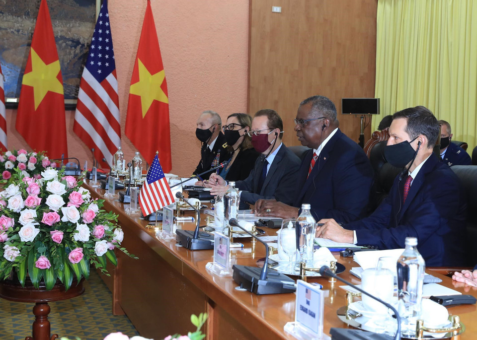 Bộ trưởng Quốc phòng Hoa Kỳ Lloyd Austin tại buổi hội đàm. (Ảnh: Trọng Đức/TTXVN)