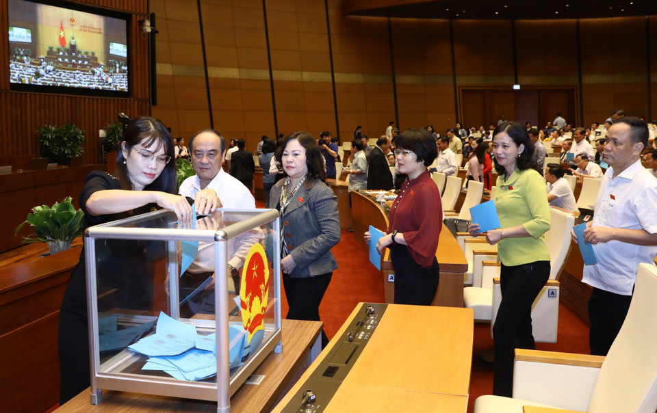 Các đại biểu Quốc hội bỏ phiếu miễn nhiệm Thủ tướng Chính phủ. (Ảnh: Văn Điệp/TTXVN)