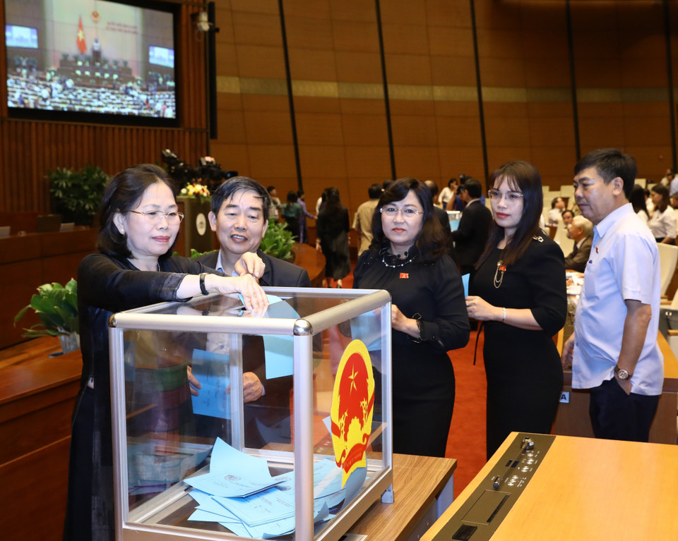 Các đại biểu Quốc hội bỏ phiếu miễn nhiệm Thủ tướng Chính phủ. (Ảnh: Văn Điệp/TTXVN)