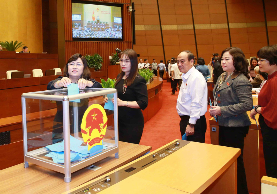 Các đại biểu Quốc hội bỏ phiếu miễn nhiệm Thủ tướng Chính phủ. (Ảnh: Văn Điệp/TTXVN)