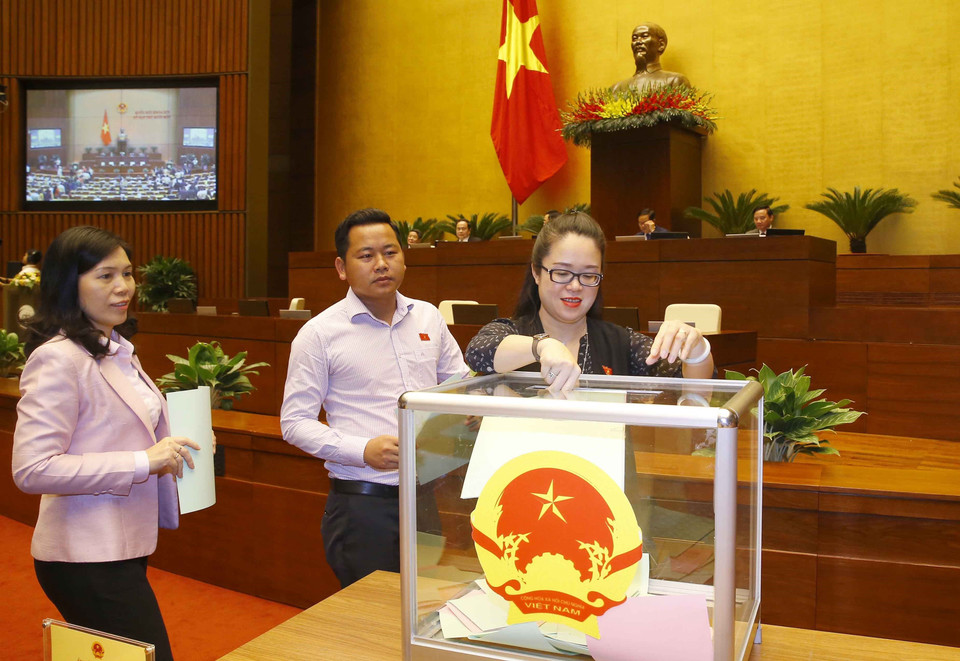 Đại biểu Quốc hội bỏ phiếu bầu Phó Chủ tịch nước, một số ủy viên Ủy ban Thường vụ Quốc hội. (Ảnh: Doãn Tấn/TTXVN)