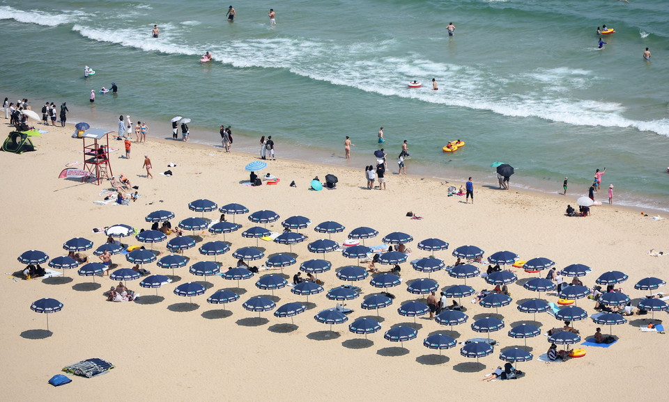 Người dân tránh nóng trên bãi biển ở Busan, Hàn Quốc, ngày 19/6/2024. (Ảnh: Yonhap/TTXVN)
