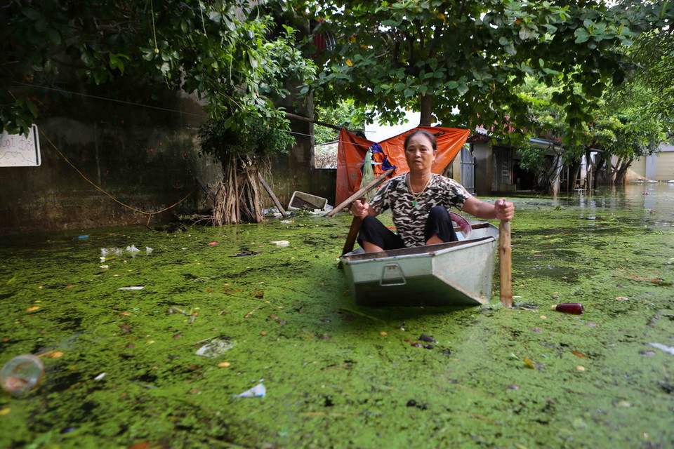 Sau nhiều ngày ngập úng kéo dài, nơi đây tồn đọng một lượng lớn rác thải, đồ phế liệu, xác động thực vật… (Ảnh: Thành Đạt/TTXVN)