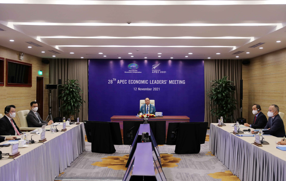 Chủ tịch nước Nguyễn Xuân Phúc và đoàn đại biểu Việt Nam tại điểm cầu Hà Nội. (Ảnh: Thống Nhất/TTXVN)