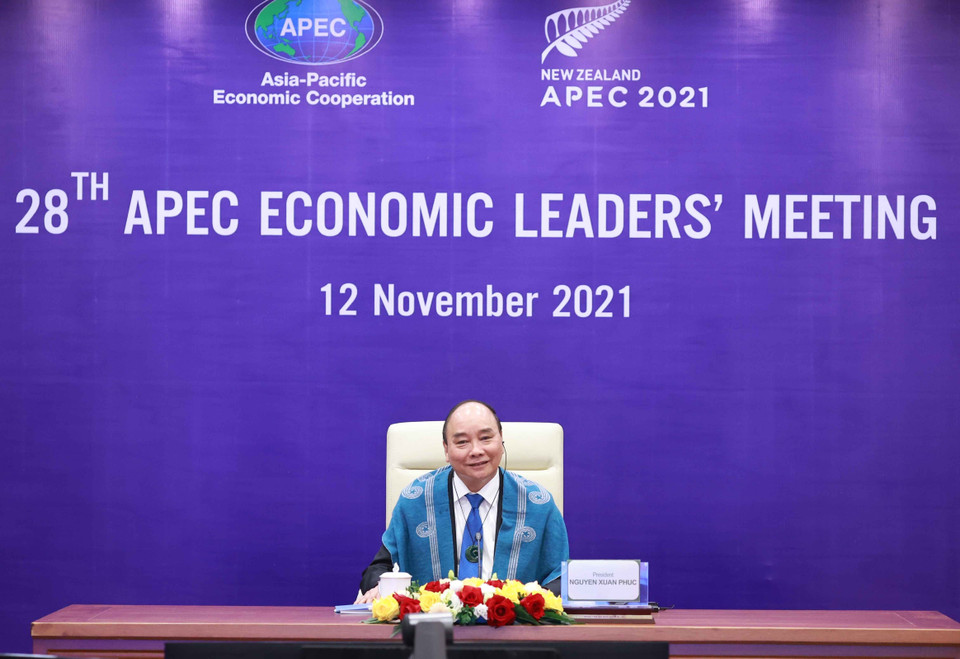Chủ tịch nước Nguyễn Xuân Phúc dự Hội nghị các nhà Lãnh đạo kinh tế APEC lần thứ 28 theo hình thức trực tuyến. (Ảnh: Thống Nhất/TTXVN)