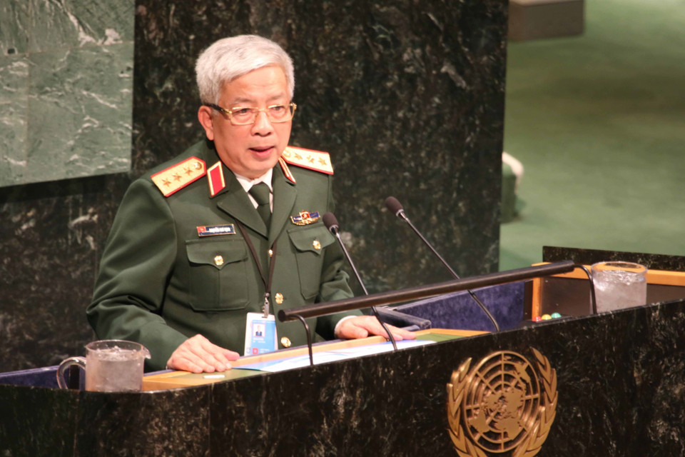 Thượng tướng Nguyễn Chí Vịnh, Thứ trưởng Bộ Quốc phòng phát biểu tại Hội nghị Bộ trưởng Quốc phòng về giữ gìn hòa bình do Liên hợp quốc tổ chức, ngày 29/3/2019. (Ảnh: Hữu Thanh/TTXVN)