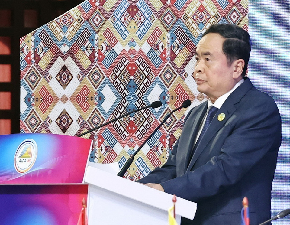 Chủ tịch Quốc hội Trần Thanh Mẫn phát biểu tại Phiên toàn thể thứ nhất AIPA-45. (Ảnh: Thống Nhất/TTXVN)