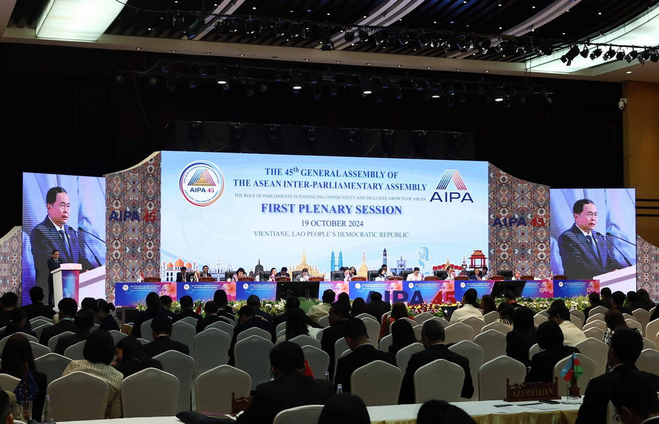 Chủ tịch Quốc hội Trần Thanh Mẫn phát biểu tại Phiên toàn thể thứ nhất Đại hội đồng AIPA-45. (Ảnh: Thống Nhất/ TTXVN)