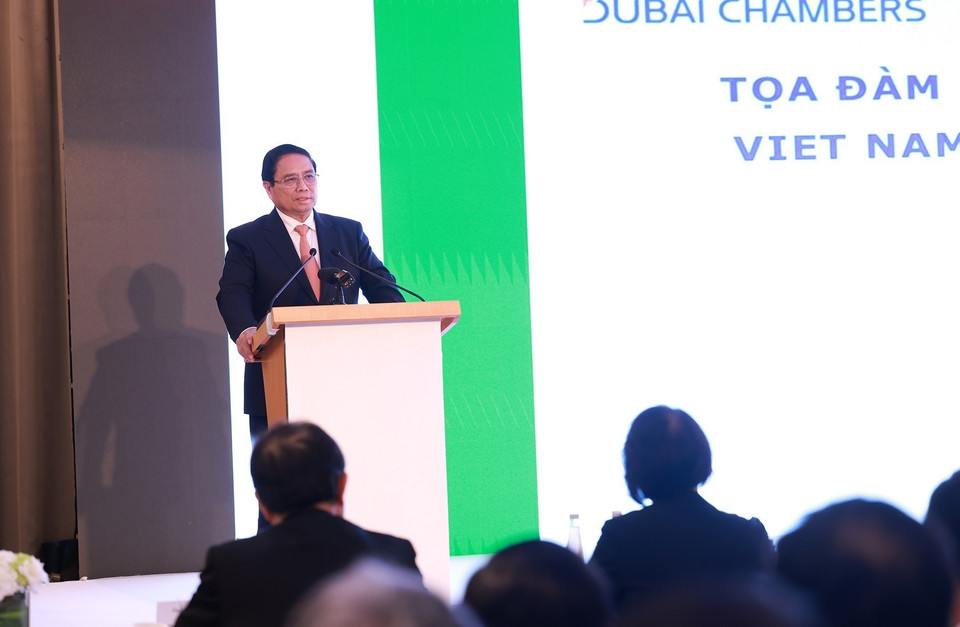 Thủ tướng Phạm Minh Chính phát biểu tại Tọa đàm doanh nghiệp Việt Nam-UAE. (Ảnh: Dương Giang/TTXVN)