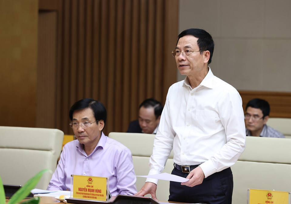 Bộ trưởng Bộ Thông tin và Truyền thông Nguyễn Mạnh Hùng phát biểu. (Ảnh: Dương Giang/TTXVN)