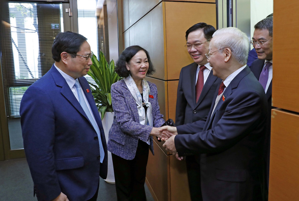 Tổng Bí thư Nguyễn Phú Trọng đến dự phiên khai mạc Kỳ họp bất thường lần thứ 5, Quốc hội khóa XV. (Ảnh: Nhan Sáng/TTXVN)