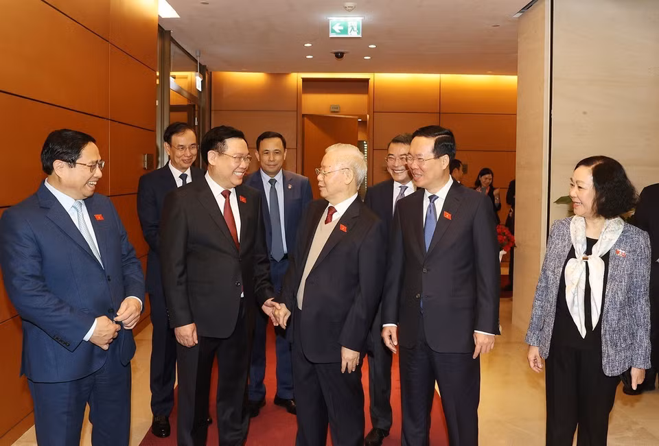 Tổng Bí thư Nguyễn Phú Trọng cùng các đồng chí lãnh đạo Đảng, Nhà nước dự Kỳ họp bất thường lần thứ 5, Quốc hội khóa XV. (Ảnh: Trí Dũng/TTXVN)