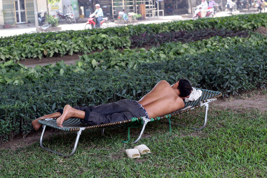 Có người trải chiếu thẳng lên thảm cỏ, người mang cả giường gấp ra để ngủ. (Ảnh: Trung Hiền/Vietnam+)