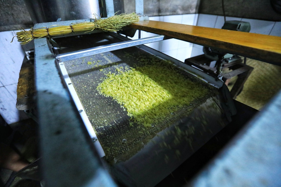 Quy trình giã cốm mất nhiều thời gian nhất. Thóc nguội chia thành từng mẻ nhỏ để giã. Cốm được giã tới 4-5 lần; sau mỗi lần giã người ta lại sàng, xảy để loại đi tạp chất trấu, cám và cứ làm như thế khi nào thấy cốm sạch thì thôi. (Ảnh: Thành Đạt/TTXVN) 