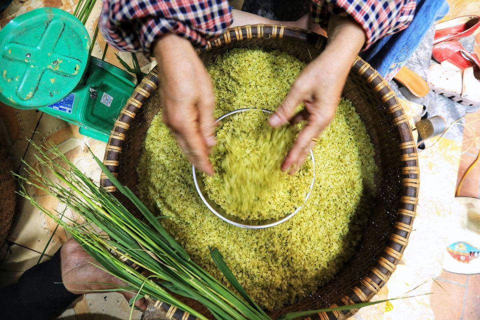 Máy sàng cốm bằng cơ khí hóa giúp làm ngắn thời gian chế biến mang lại năng suất cao hơn cho người làm cốm. (Ảnh: Thành Đạt/TTXVN)