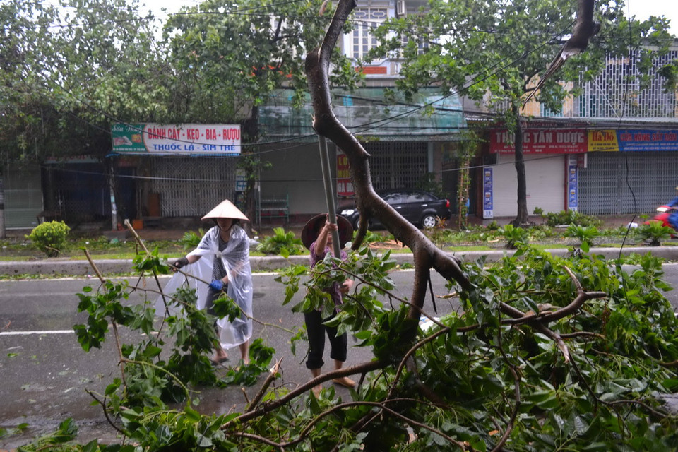 Người dân dọn dẹp sau bão. (Ảnh: Thu Hoài/TTXVN)