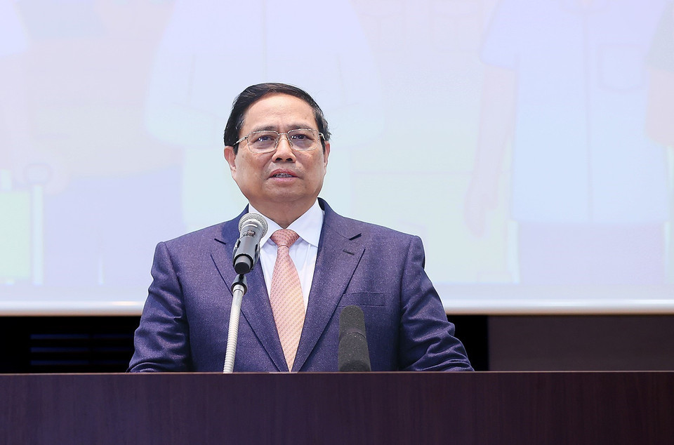 Thủ tướng Phạm Minh Chính phát biểu tại Diễn đàn hợp tác lao động Việt Nam/Nhật Bản. (Ảnh: Dương Giang/TTXVN)