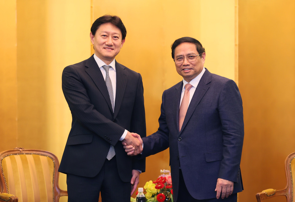 Thủ tướng Phạm Minh Chính tiếp ông Harada Hidenori, Chủ tịch kiêm Tổng Giám đốc Công ty Thăm dò và Khai thác Dầu khí Mitsui (MOECO) của Nhật Bản. (Ảnh: Dương Giang/TTXVN)