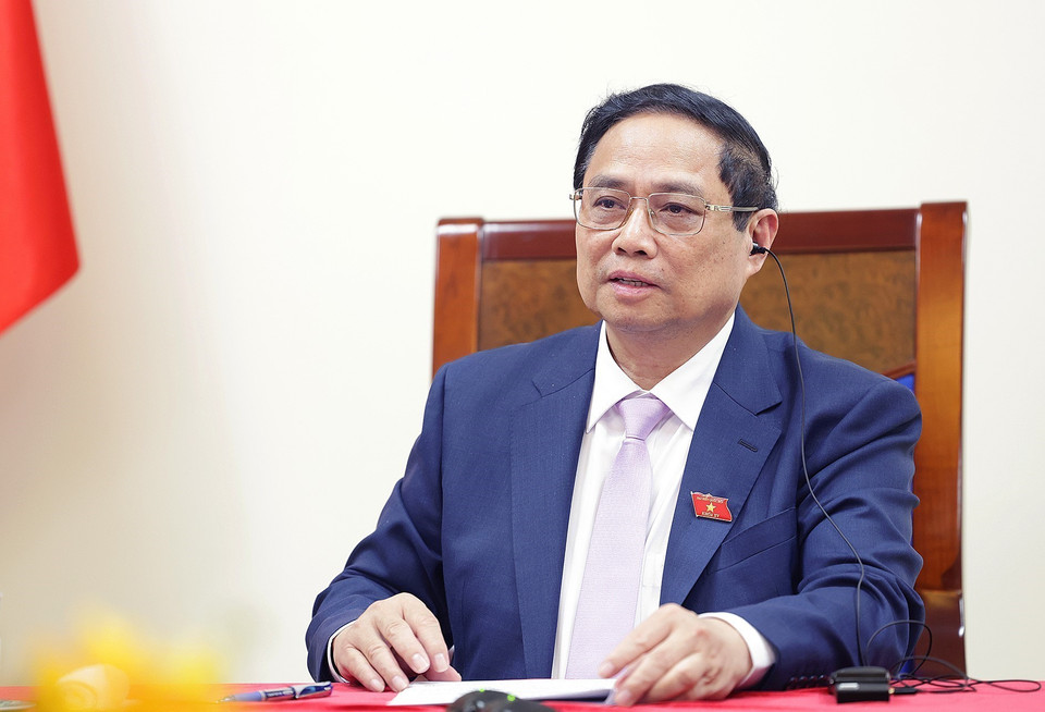 Thủ tướng Phạm Minh Chính điện đàm với Thủ tướng Hà Lan Mark Rutte. (Ảnh: Dương Giang/TTXVN)