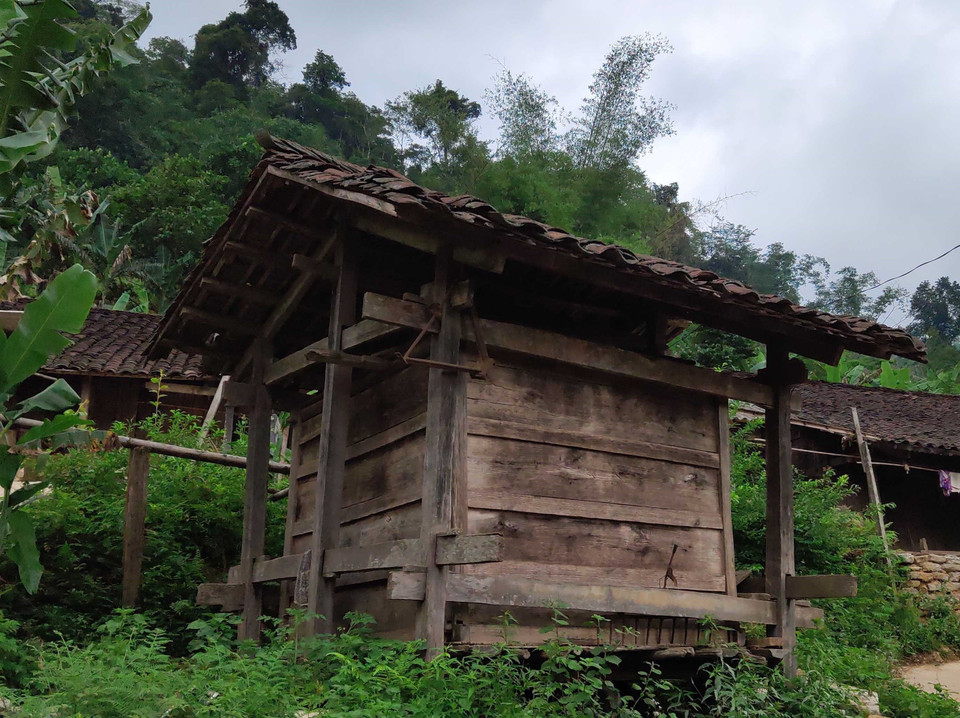 Người dân xóm Hoài Khao không dùng bồ để chứa thóc, họ dựng những căn nhà gỗ nhỏ làm kho chứa, trông rất độc đáo, lạ mắt. (Ảnh: Quốc Đạt/TTXVN)
