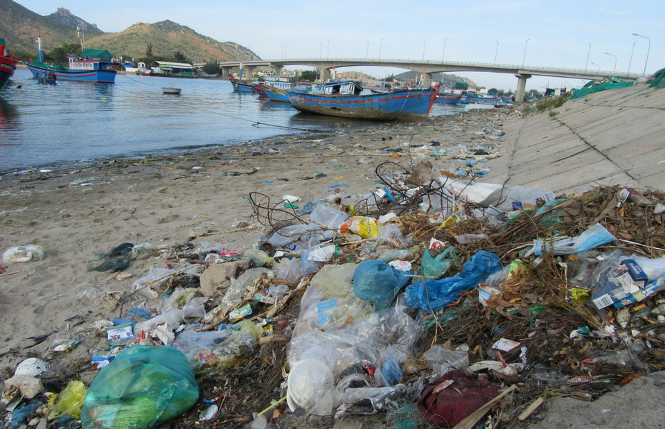 Khu vực ven bờ Đầm Nại phía dưới chân cầu Ninh Chữ (huyện Ninh Hải) trở thành bãi rác. (Ảnh: Nguyễn Thành/TTXVN)