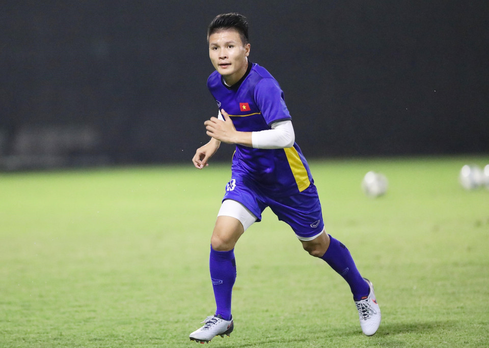 Tiền vệ Quang Hải tại buổi tập. (Ảnh: Hoàng Linh/TTXVN)