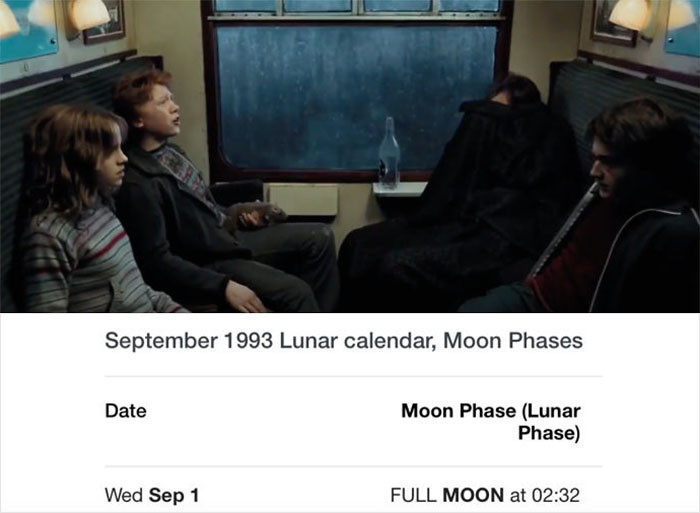 Trong 'Harry Potter và tên tù nhân ngục Azkaban,' giáo sư Lupin đã ngủ gà gật trong gần hết thời gian trên chuyến tàu tốc hành Hogwarts. Hôm đó là ngày 1/9/1993, và đêm trước đó thực sự là đêm trăng tròn. Đó là lý do khiến ông kiệt sức vì biến đổi. (Nguồn: Boredpanda)