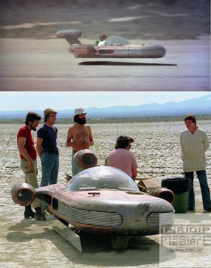 Trong 'Star Wars: A New Hope' (1977), tất cả các cảnh quay góc rộng khi Luke bay ngang qua Tatooine trên chiếc Speeder được thực hiện bằng cách lắp một bản gương dài che đi phần bánh xe của một chiếc mô tô tạo hình thành chiếc Speeder. (Nguồn: Boredpanda)