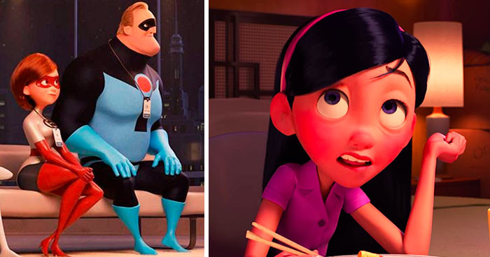 Trong 'Incredibles' (2004), bộ đồ ban đầu của Elastagirl màu đỏ và bộ đồ của Incredible có màu xanh, Và đứa con của họ tên là Violet (màu tím). (Nguồn: Boredpanda)