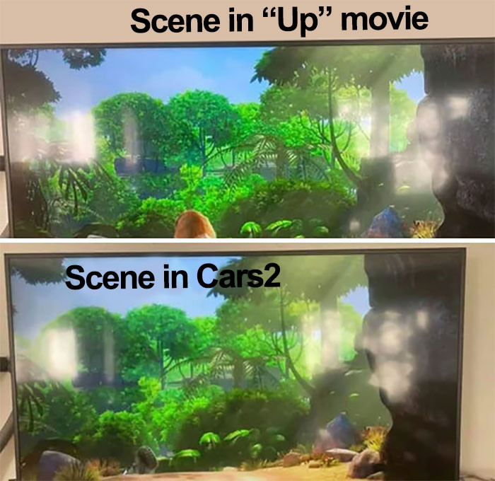 Hai cảnh giống hệt nhau trong 'Up' (2009) và 'Cars 2' (2011). (Nguồn: Boredpanda)