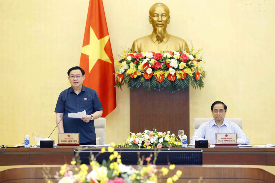 Hinh ảnh Chủ tịch Quốc hội Vương Đình Huệ phát biểu tại cuộc họp về công tác chuẩn bị cho Kỳ họp thứ nhất, Quốc hội khóa XV. (Ảnh: Doãn Tấn/TTXVN)