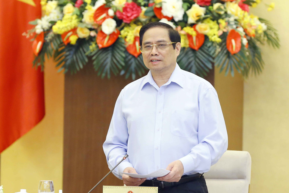 Thủ tướng Phạm Minh Chính phát biểu tại cuộc họp về công tác chuẩn bị cho Kỳ họp thứ nhất, Quốc hội khóa XV. (Ảnh: Doãn Tấn/TTXVN)