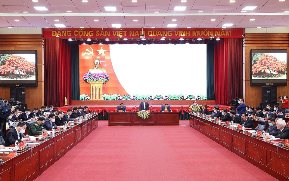 Thủ tướng Phạm Minh Chính làm việc với lãnh đạo chủ chốt thành phố Hải Phòng về tình hình phát triển kinh tế-xã hội, quốc phòng-an ninh và xây dựng Đảng. (Ảnh: Dương Giang/TTXVN)