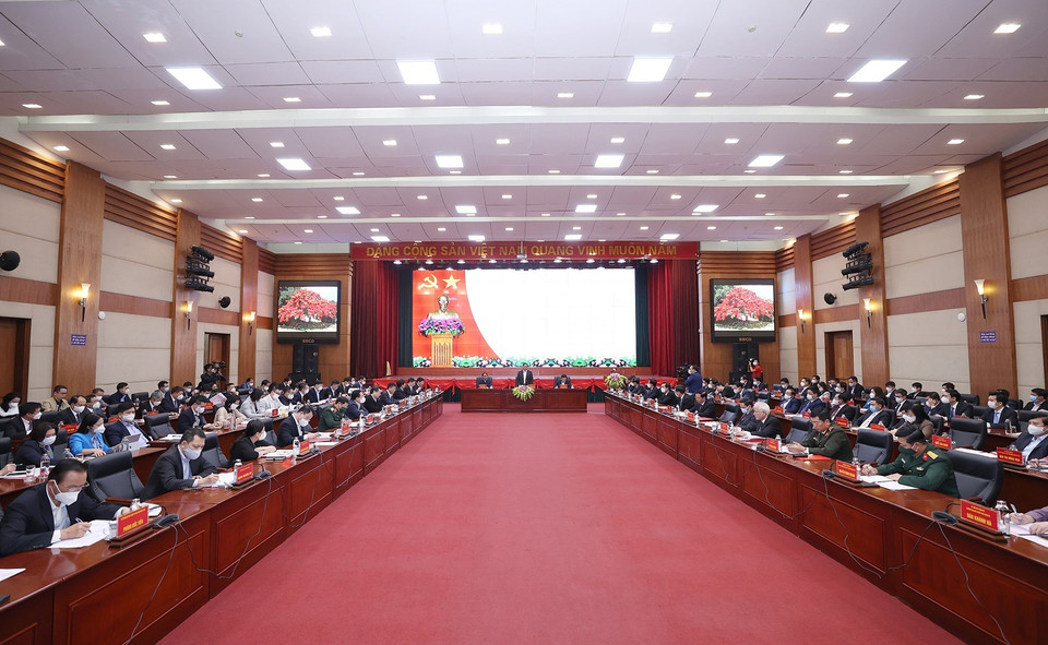 Quang cảnh buổi làm việc của Thủ tướng Phạm Minh Chính làm việc với lãnh đạo chủ chốt thành phố Hải Phòng. (Ảnh: Dương Giang/TTXVN)