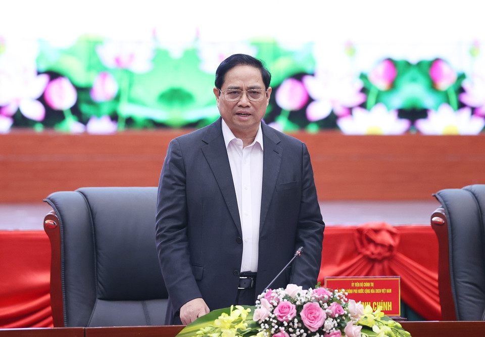 Thủ tướng Phạm Minh Chính phát biểu tại buổi làm việc với lãnh đạo chủ chốt thành phố Hải Phòng. (Ảnh: Dương Giang/TTXVN)