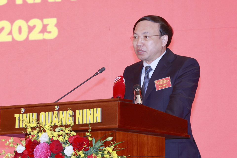 Bí thư Tỉnh uỷ, Chủ tịch HĐND tỉnh Quảng Ninh Nguyễn Xuân Ký phát biểu chào mừng hội nghị. (Ảnh: Doãn Tấn/TTXVN)