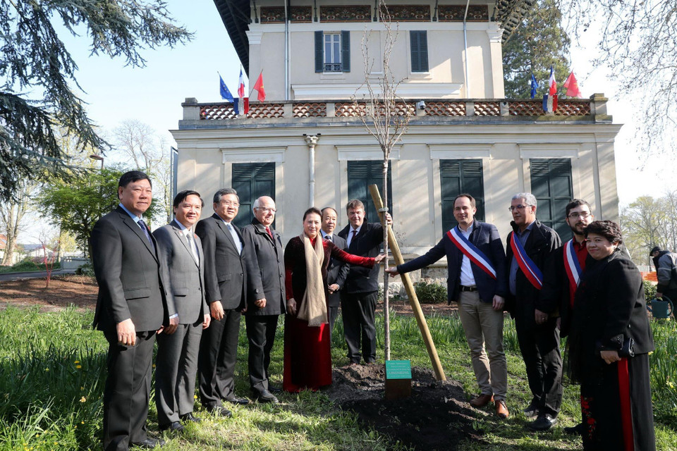 Chủ tịch Quốc hội Nguyễn Thị Kim Ngân trồng cây lưu niệm tại khu tượng đài Chủ tịch Hồ Chí Minh. (Ảnh: Trọng Đức/TTXVN)