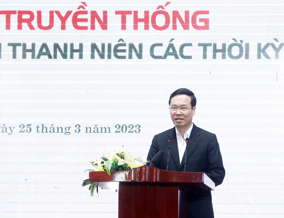 Hình ảnh Chủ tịch nước Võ Văn Thưởng phát biểu tại buổi họp mặt. (Ảnh: Thống Nhất/TTXVN)