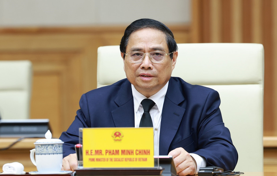 Thủ tướng Phạm Minh Chính phát biểu tại buổi tiếp Thủ tướng Hàn Quốc Han Duck Soo. (Ảnh: Dương Giang/TTXVN)